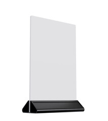 Menu stand signs isolated on white background. mockup of store template signboard , Metal cafe restaurant bar plastic badge black white, 3D illustration