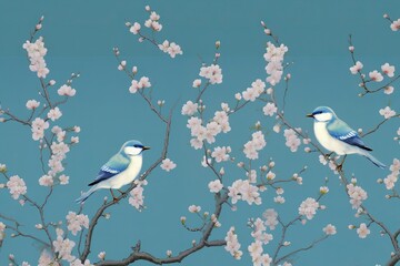Chinese paintings of plum blossoms and birds Blue background picture, Generative AI