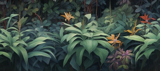 Painted tropical bushes. Seamless horizontal potter. For large format printing, Generative AI - obrazy, fototapety, plakaty