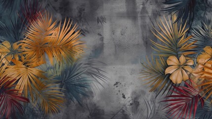 Drawn exotic tropical leaves on concrete grunge wall. Floral background. Design for wallpaper, photo wallpaper, mural, card, postcard, Generative AI