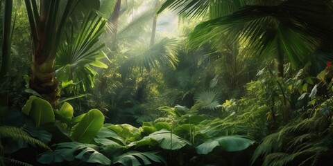beautiful tropical vegetation garden with palm leaves, lush foliage in a green wild jungle, rain forest backdrop concept for wallpaper, beauty, Generative AI - obrazy, fototapety, plakaty