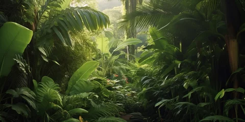 Fototapeten beautiful tropical vegetation garden with palm leaves, lush foliage in a green wild jungle, rain forest backdrop concept for wallpaper, beauty, Generative AI © Visual Wonders