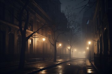 Foggy night street. Generate Ai