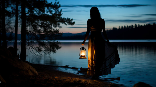 Silhouette of a woman looking into the last light of the day by a lake in the wild, holding a lit vintage kerosene lamp or lantern. Shallow field of view.	