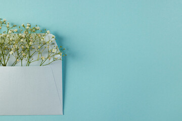 White flowers in white envelope and copy space on blue background