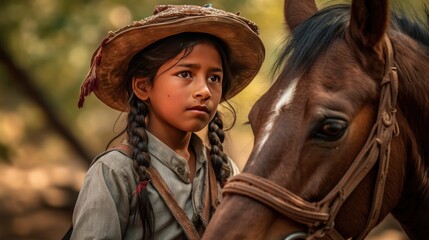 Unidentified Burmese girl in a cowboy hat with a horse.