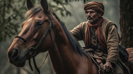 Rajasthani man and his horse in traditional clothes.