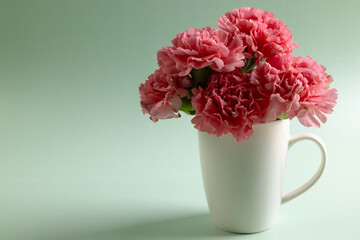 Bunch of pink carnation flowers in white mug with copy space on green background
