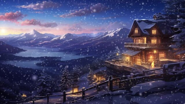 view of the village on top of the mountain during snow on Christmas Day. Animated looping background.