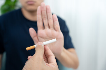 No smoking. Man stop smoke, refuse, reject, break take cigarette, say no. quit smoking for health....