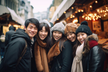 Fototapeta premium Group of young happy smiling Japanese tourists at street Christmas market in Paris