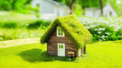 Fototapeta na wymiar Miniature house with grass roof in the garden. Real estate concept. Generative ai