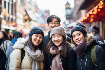 Group of young happy smiling Japanese tourists at street Christmas market in Amsterdam
