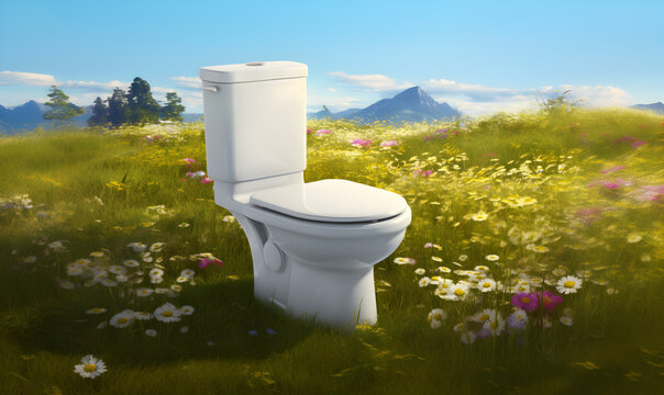 des toilettes pos&eacute;es en pleine nature dans une prairie