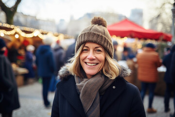 Fototapeta premium Happy smiling middle aged woman in winter clothes at street Christmas market in Paris
