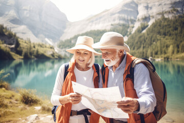 A happy elderly couple enjoys a walk against the backdrop of mountains and a river, holding a map in their hands.