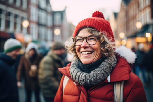 Happy smiling middle aged woman in winter clothes at street Christmas market in Amsterdam
