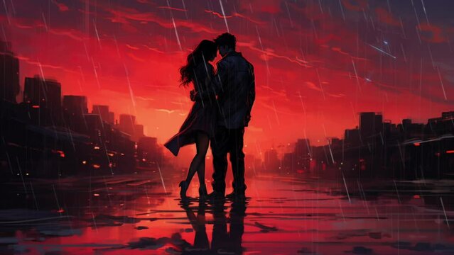 two embracing couples standing in the middle of the street under heavy rain. red cloud background. Seamless looping animated background.