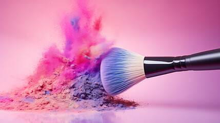 Makeup brush with colorful powder explosion or eyeshades - obrazy, fototapety, plakaty