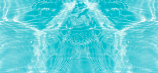 Blue water with ripples on the surface. Defocus blurred transparent blue colored clear calm water surface texture with splashes and bubbles. Water waves with shining pattern texture background.