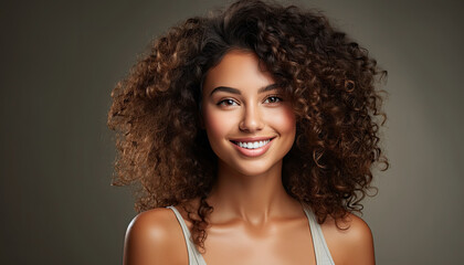 Face of beautiful mixed race woman smiling with white teeth.front view generative ai