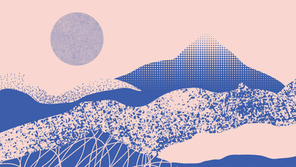 Abstract mountain background vector. Mountain landscape with fading dot effect, moon, halftone, dot grunge texture. Blue hills art wallpaper design for print, wall art, cover and interior.