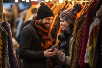 Obraz premium Amidst the festive market buzz, a pair share a moment of warmth, choosing mittens for the cold days ahead