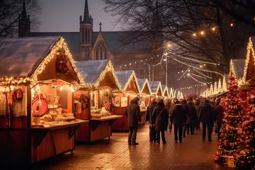 Deurstickers Stalls adorned with festive decorations, vendors peddling handcrafted gifts, and the aroma of mulled wine fill the air © Davivd