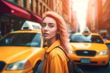 Papier Peint photo TAXI de new york Woman take taxi. Generate Ai