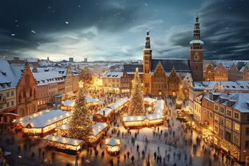 Gordijnen As the sun sets, lanterns illuminate the market, creating a magical winter wonderland © Davivd