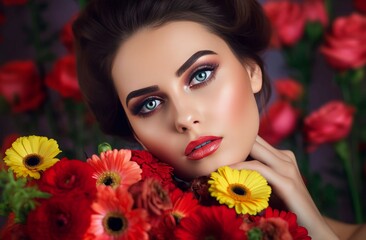Woman makeup flowers plants. Generate Ai