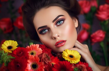 Naklejka premium Woman makeup flowers plants. Generate Ai