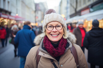Fototapeta premium Happy smiling middle aged woman in winter clothes at street Christmas market in Vienna