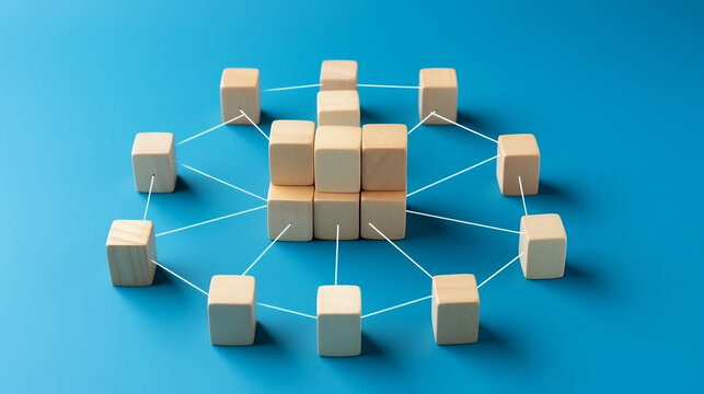 Abstract 3d Rendered Illustration Of Blank Wooden Cubes Connected With Line, Social Network Or Community Unity