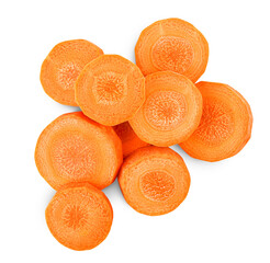 sliced carrots on a white isolated background, top view