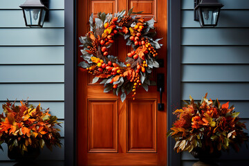 Fototapeta na wymiar Autumn wreath on front house door 