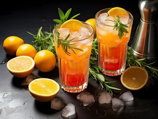 Homemade iced lemonade with ripe peaches and fresh mint. Fresh peach ice tea in glasses on a dark background with ingredients. Summer refreshing beverage recipe. Bar, cafe menu