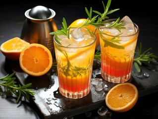 Homemade iced lemonade with ripe peaches and fresh mint. Fresh peach ice tea in glasses on a dark background with ingredients. Summer refreshing beverage recipe. Bar, cafe menu