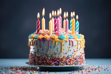 Birthday cake with rainbow icing, colorful Sprinkles and lit candles over a blue background.