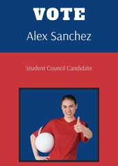 Portrait of biracial woman with ball showing thumbs up, vote alex sanchez, student council candidate - obrazy, fototapety, plakaty