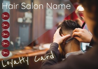 Composite of hair salon loyalty card text over asian man in hairdresser's salon