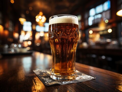 Pint Of Beer On A Bar In A Traditional Style English Pub