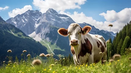 Fototapeten cow grazing  in  meadow with  beautiful mountain landscape © AiDesign
