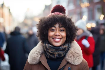 Schilderijen op glas Young smiling african american woman in winter clothes at street Christmas market in Amsterdam © Jasmina