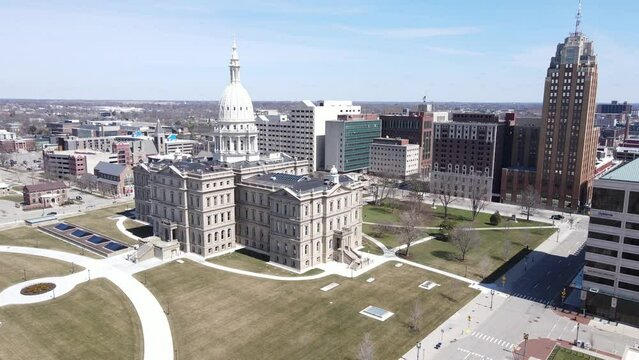 Michigan State Capital and downtown of Lansing in Michigan, USA, aerial view