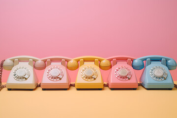 Colorful retro style phones on pink background. Generative Ai