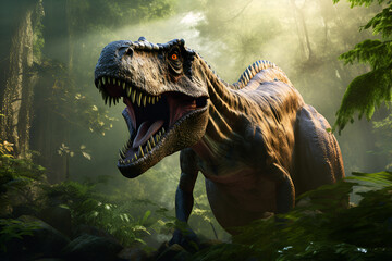 Tyrannosaurus rex in the forest. Generative Ai