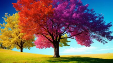 Beautiful spring landscape with colorful tree and meadows. Generative ai