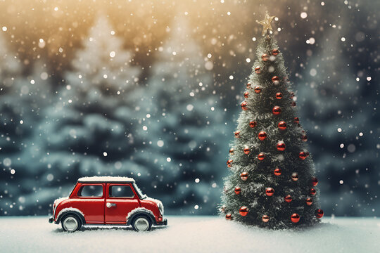 Red retro car with decorated Christmas tree on winter background. Christmas time concept. Generative Ai