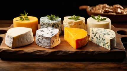 Different kinds of delicious cheese on table